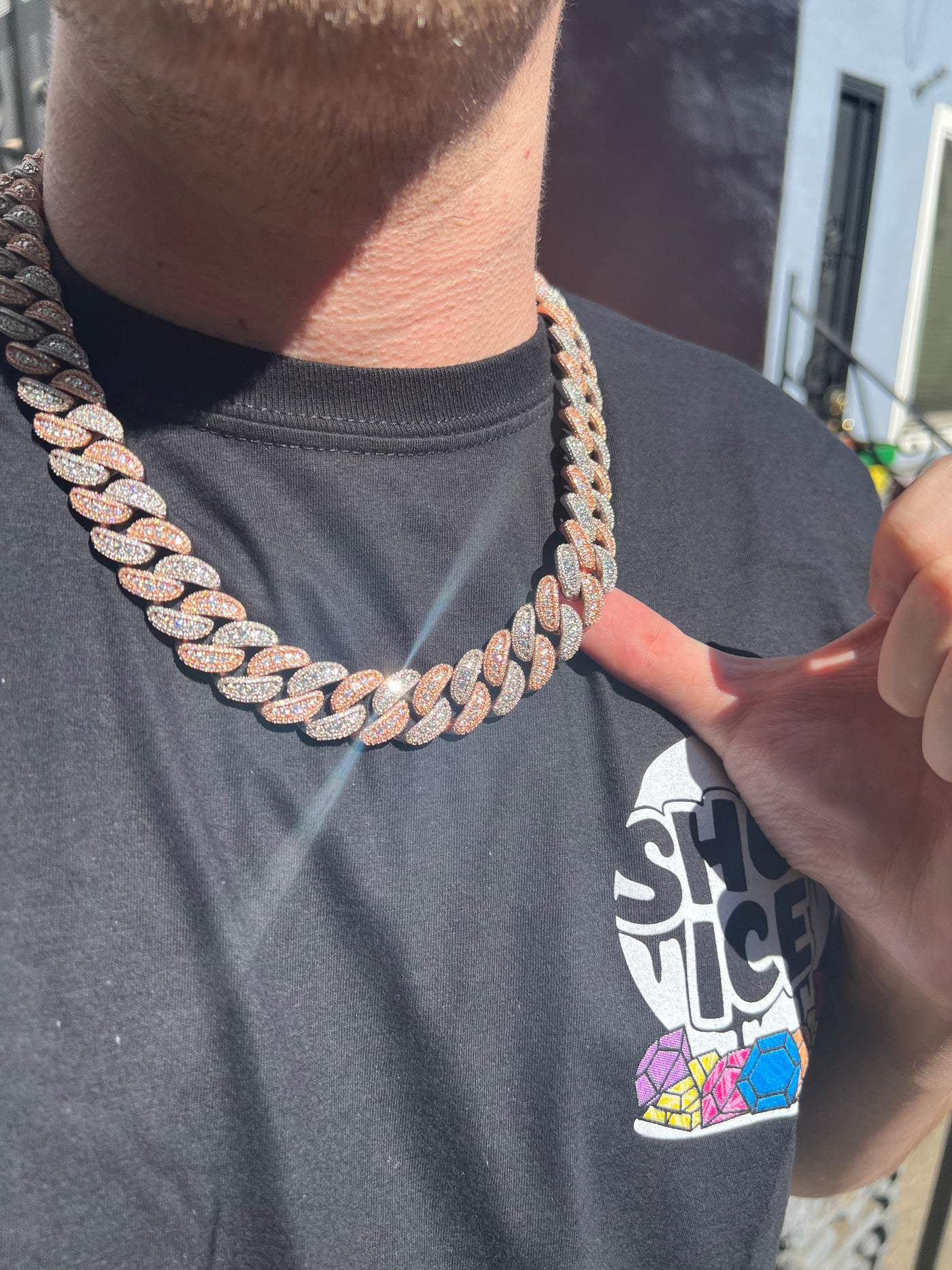18MM Rose And White Moissanite Cuban Link Chain
